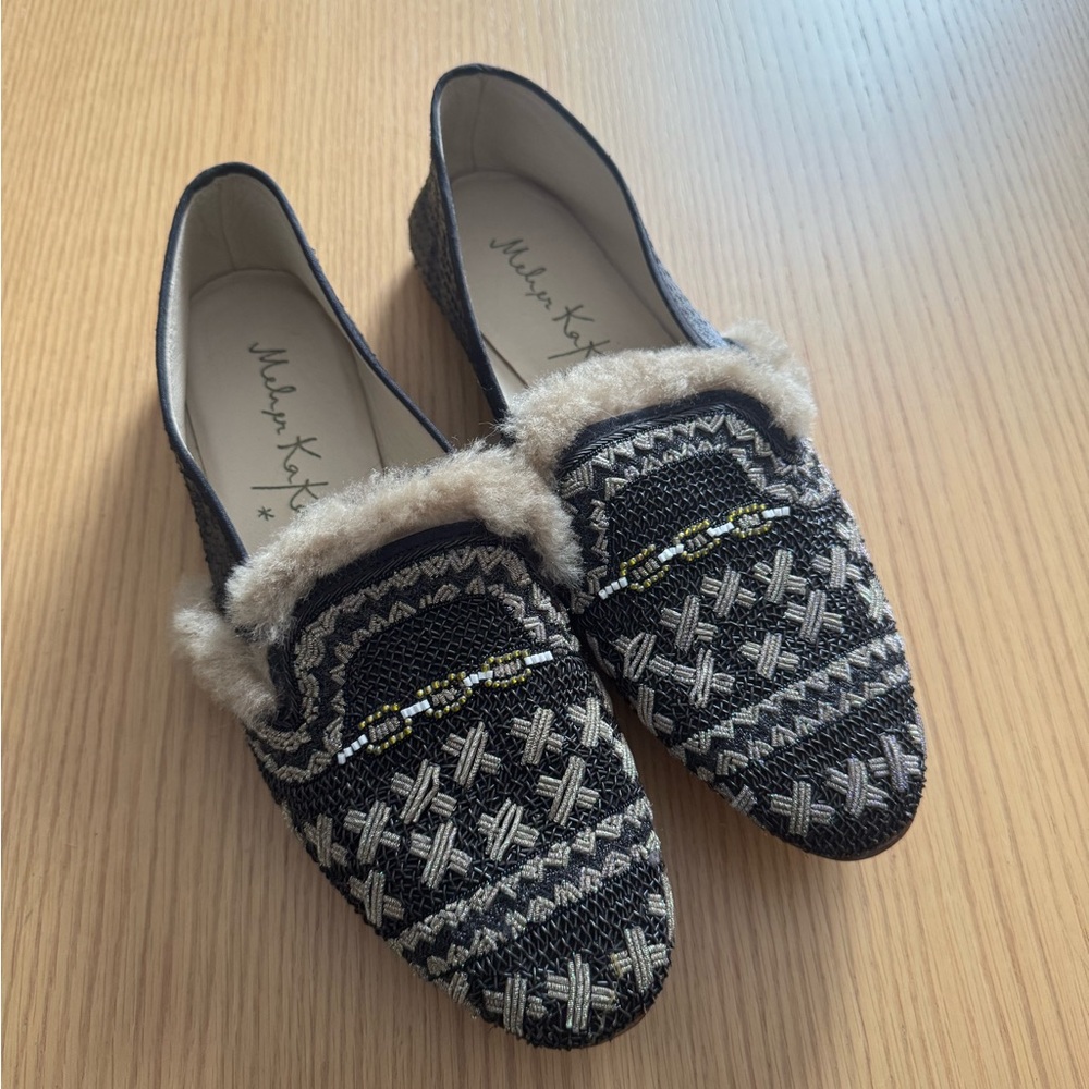 Meher Kakalia Leather Beaded Loafers with Fur Accents